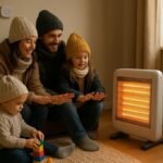 Family Using Electric Heater With Safety Precautions