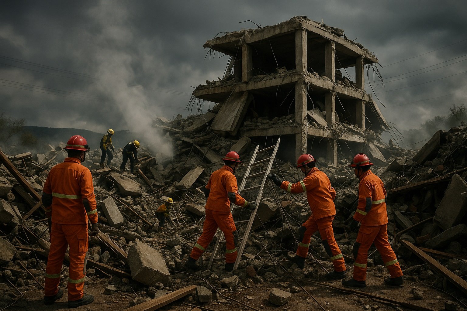 First responders search rubble of collapsed building during a complex CSSR operation