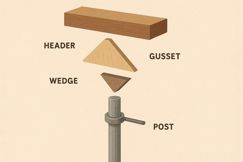 3D breakdown of shoring method parts: post, wedge, gusset, header