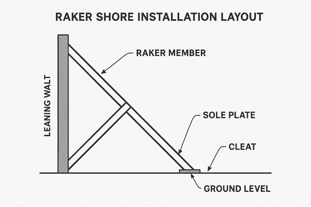 Triangular raker shoring system diagram for leaning walls