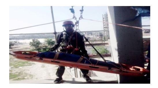 Tension the main line and safety line to lift the basket stretcher