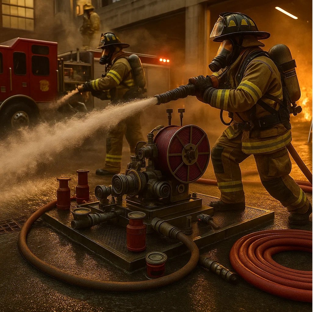 Firefighter using fire pump system with high-pressure hose