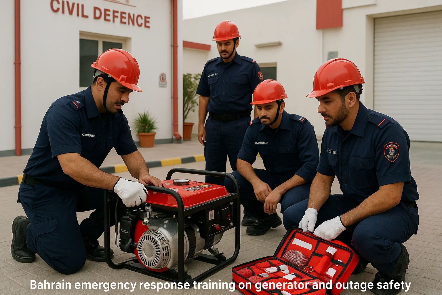 Responders practicing generator safety procedures during power outage drills