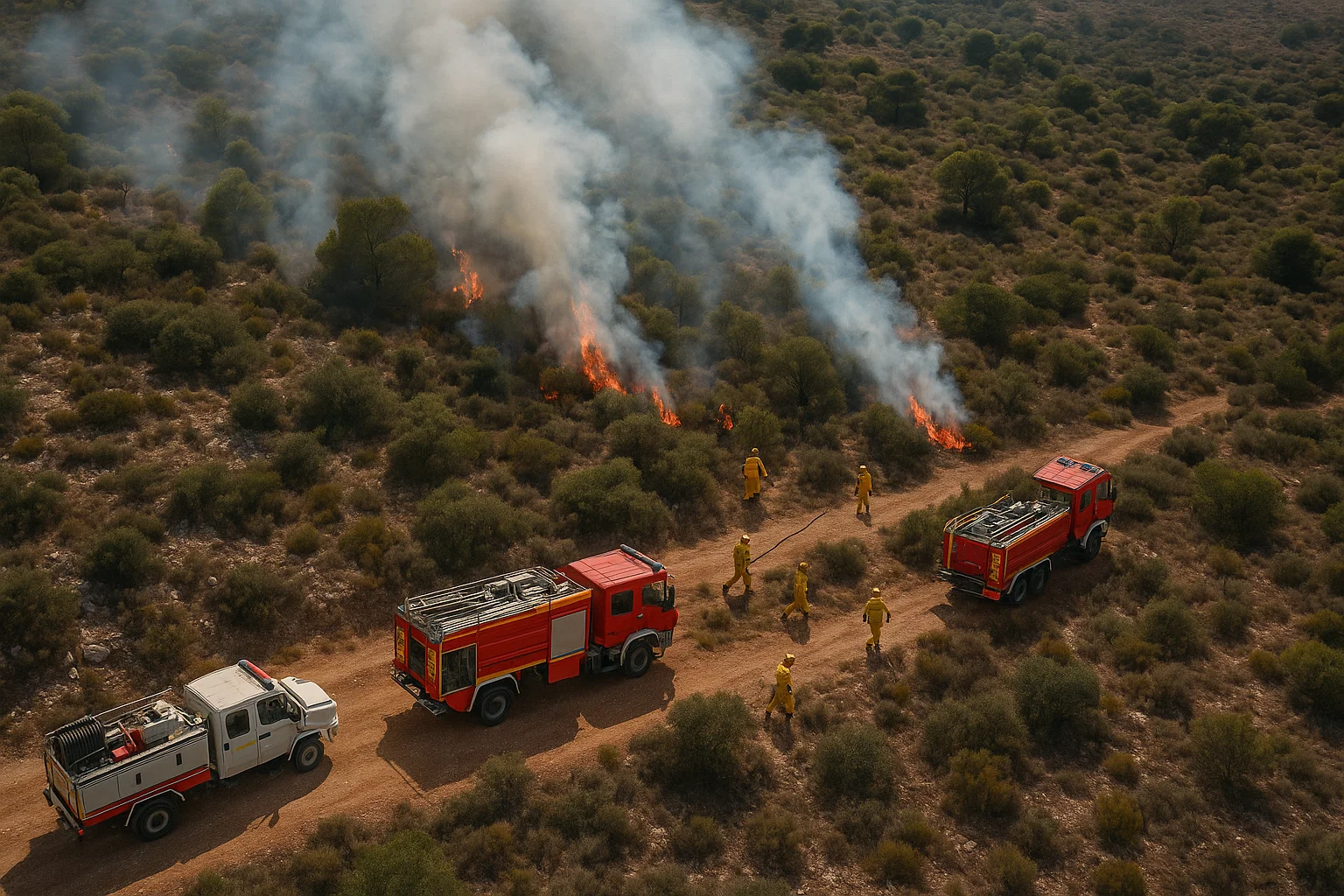 Firefighters controlling wildfire in dry Mediterranean forest terrain in Spain