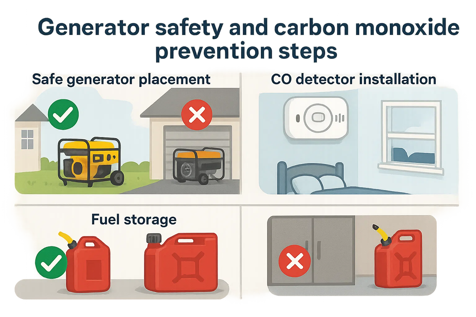 Diagram showing safe outdoor generator placement and CO alarm installation