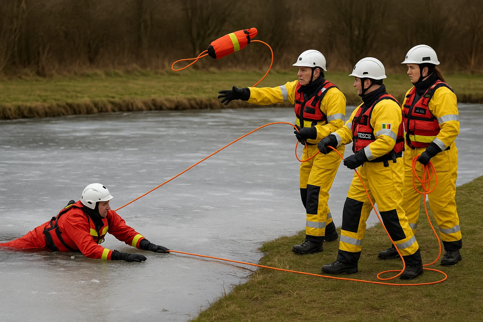 Ice rescue training scenario showing safe throw-bag techniques near frozen water