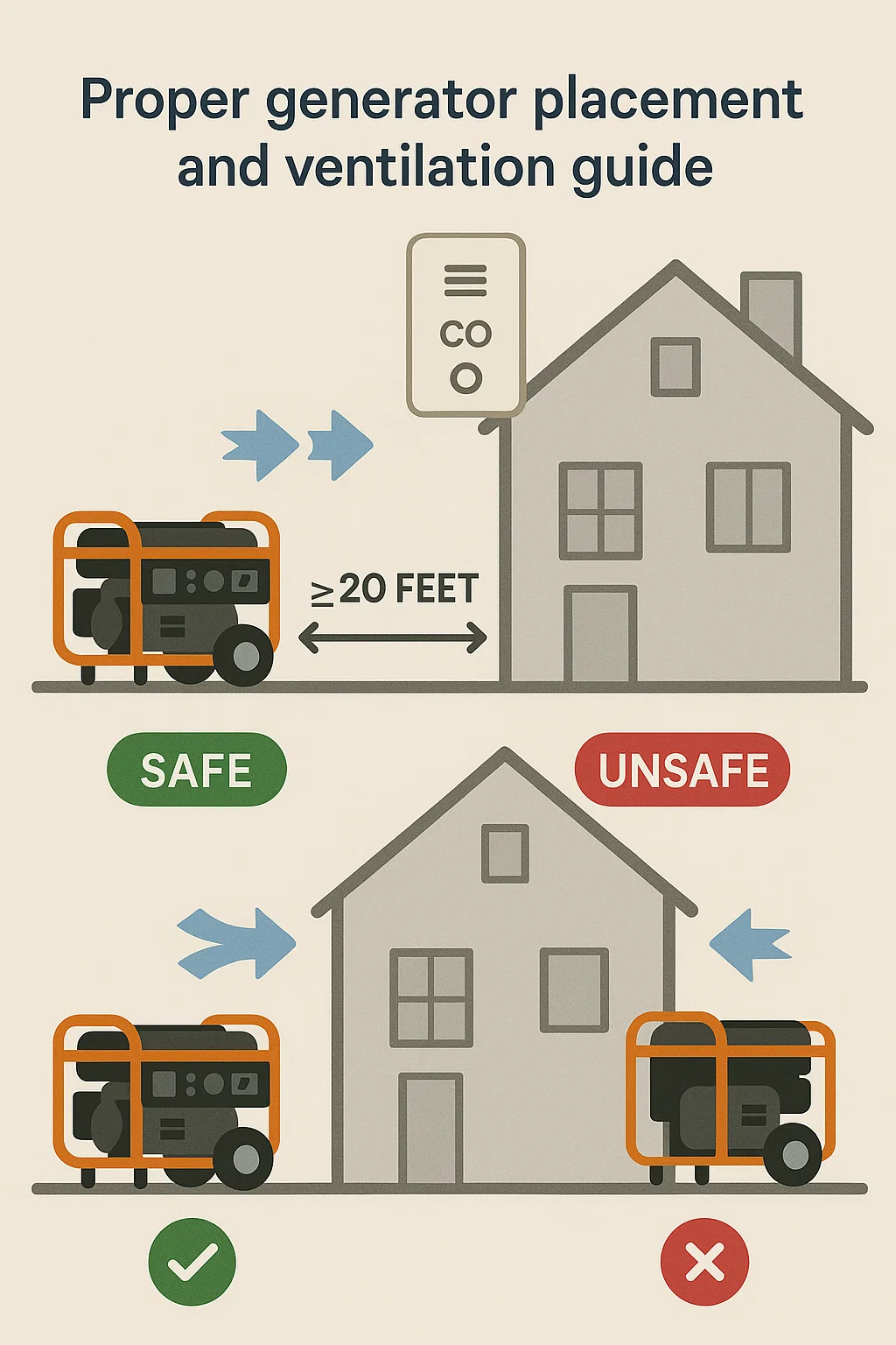 Diagram showing generator safety and carbon monoxide prevention steps