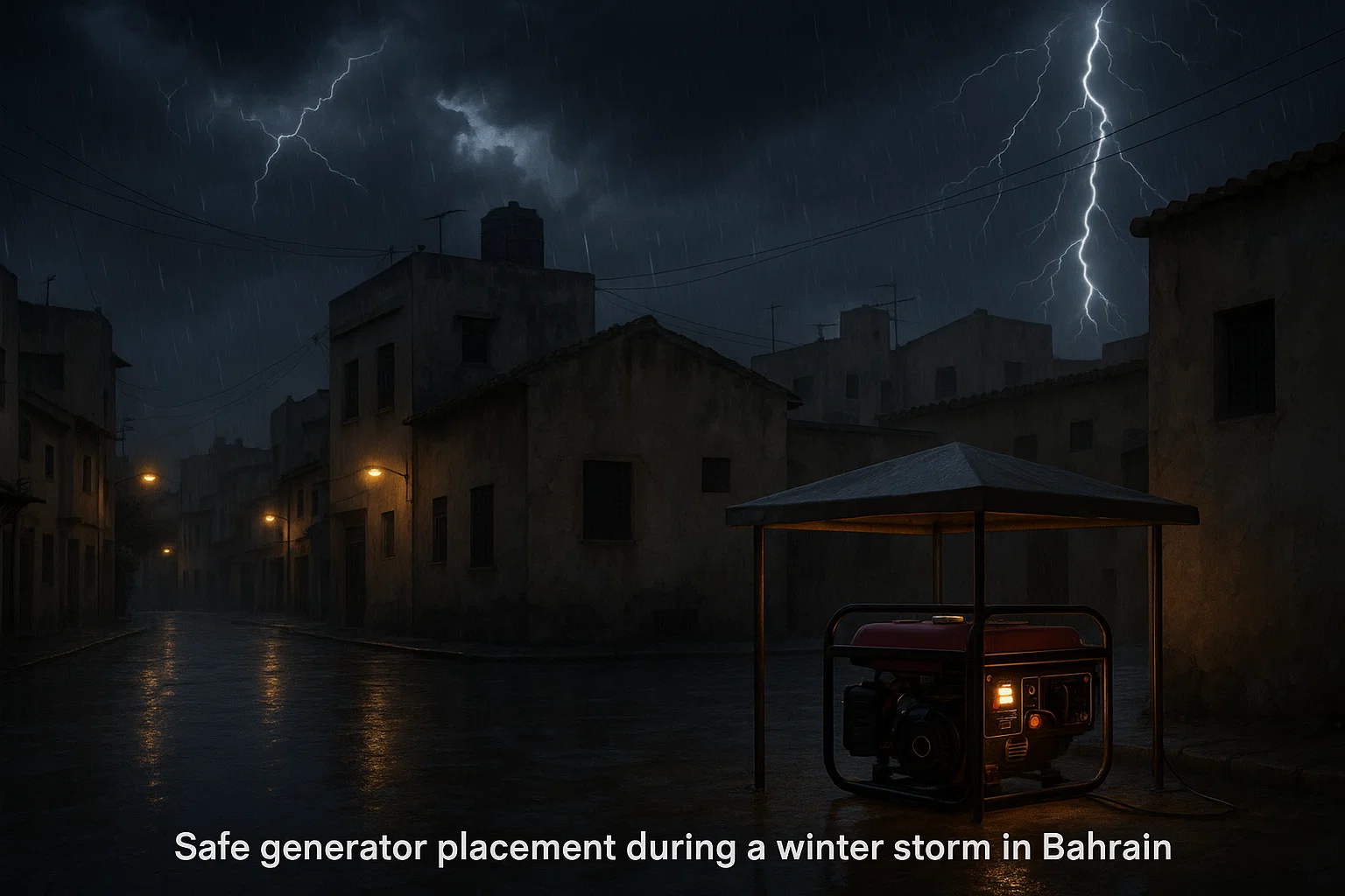 Generator used safely outdoors during a storm-related power outage in Bahrain