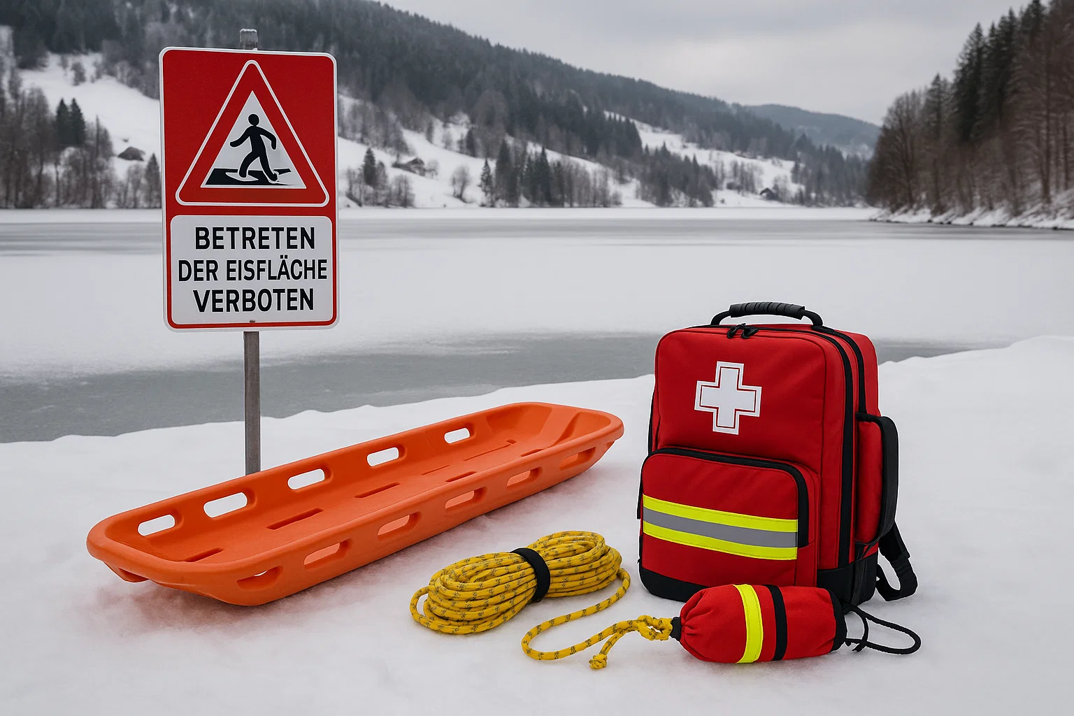 Ice-rescue equipment and safety signage displayed beside a frozen Swiss lake