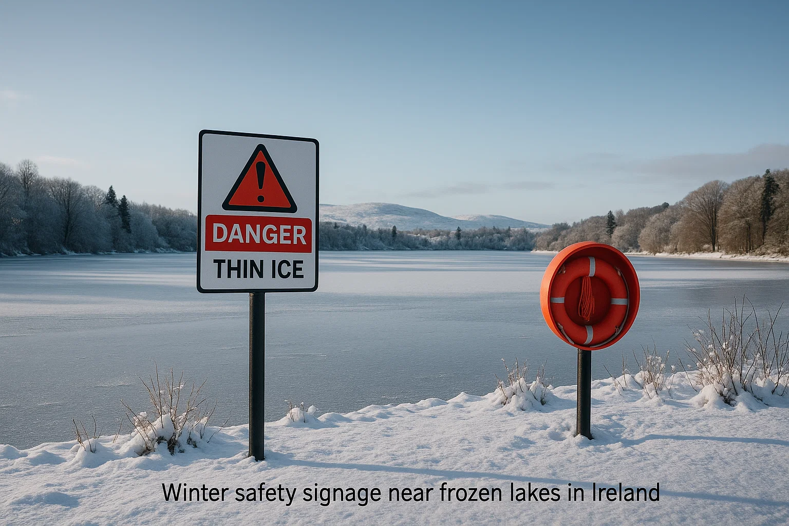 Frozen Irish lake with safety warning and lifebuoy for ice rescue awareness