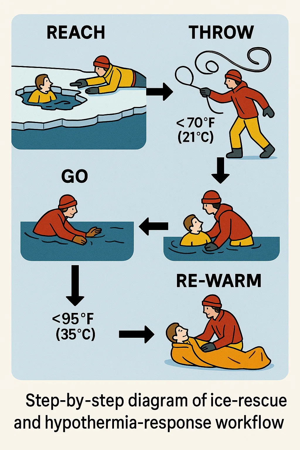 Infographic outlining the four stages of ice rescue and victim re-warming