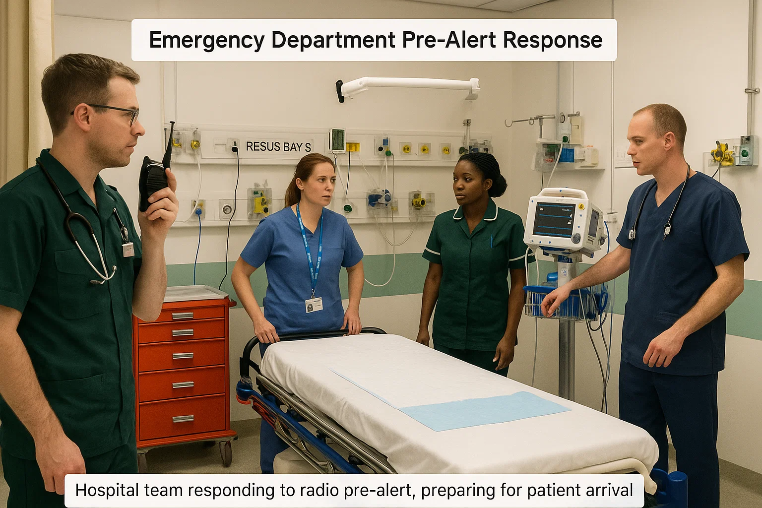 Streamlined UK Radio & Telephone Pre-Arrival Notifications for Safer Patient Transfers 3 ED team prepares for ambulance arrival after radio pre-alert