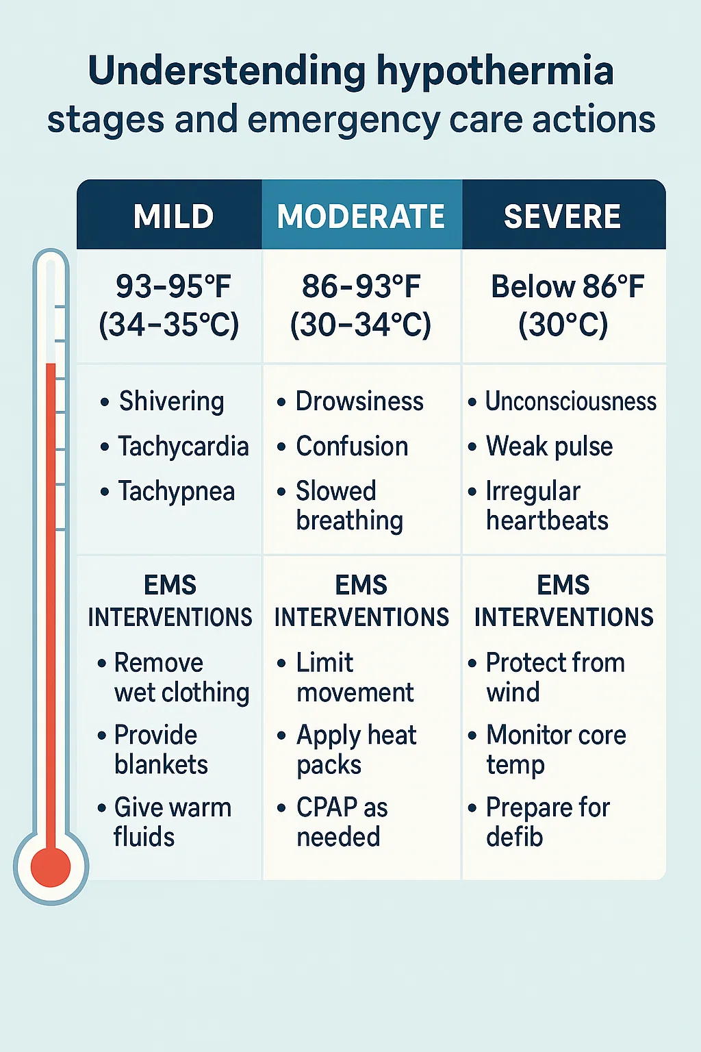Hypothermia stages chart with symptoms and pre-hospital treatment steps