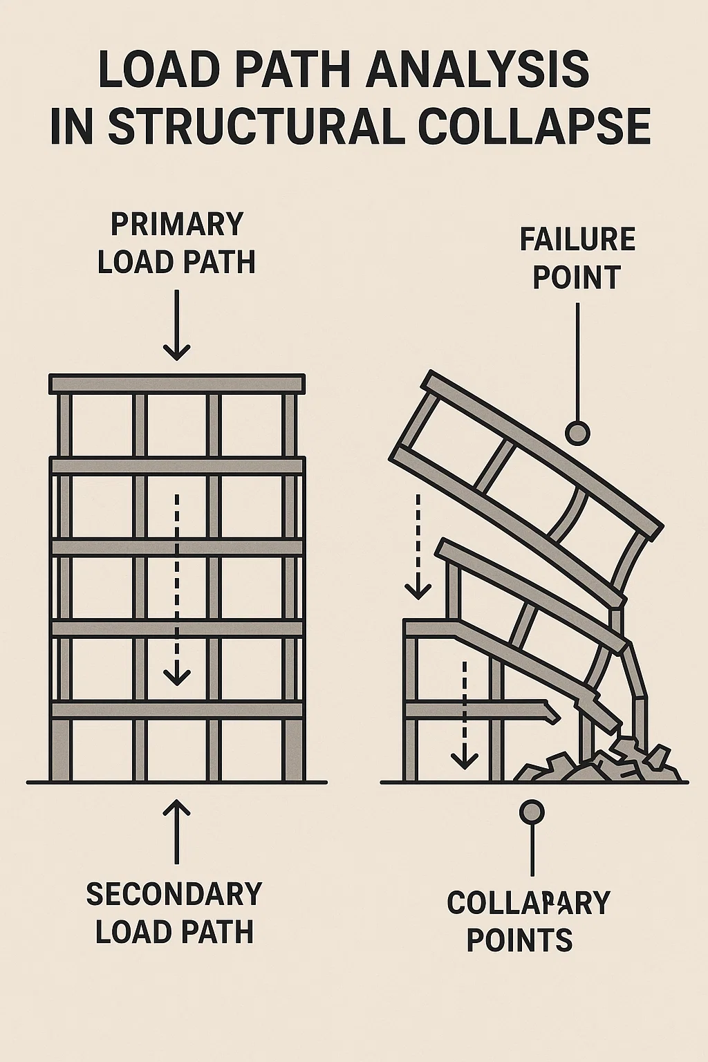Diagram showing primary and secondary load paths in collapsed buildings