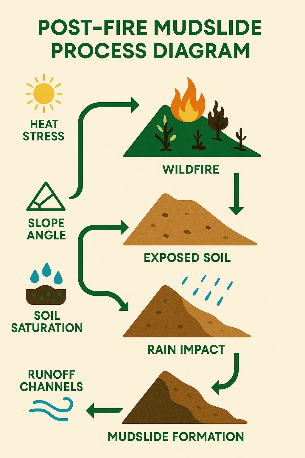 Wildfire & Heat in Brazil: Post-Fire Mudslide Response for Rescuers 2 post fire mudslide formation infographic