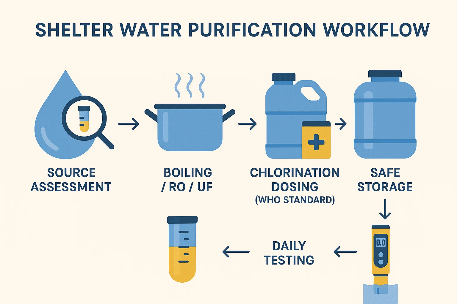 India shelter water purification steps diagram