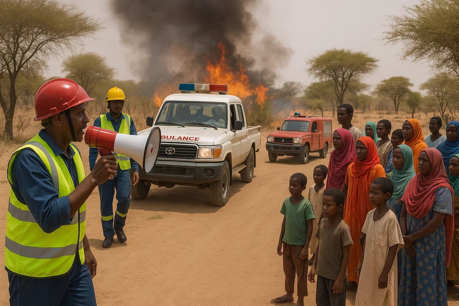 Community evacuation drill near bush-fire zone in Sudan