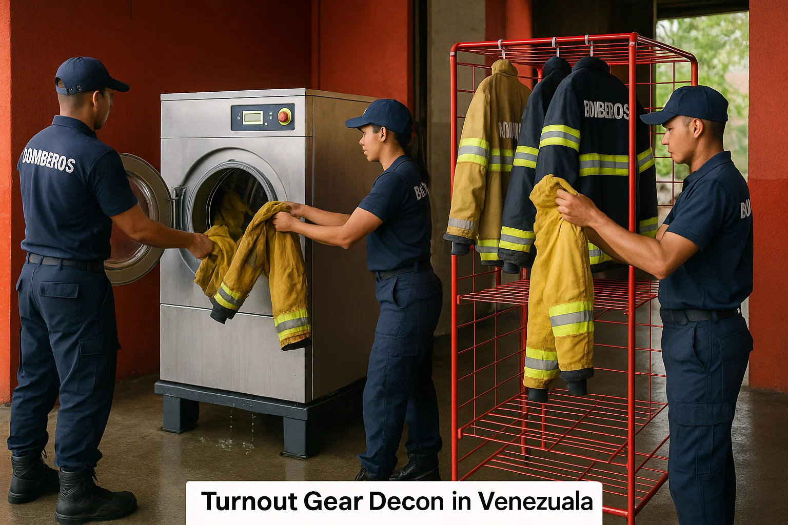 Venezuelan firefighters cleaning turnout gear after fire incident