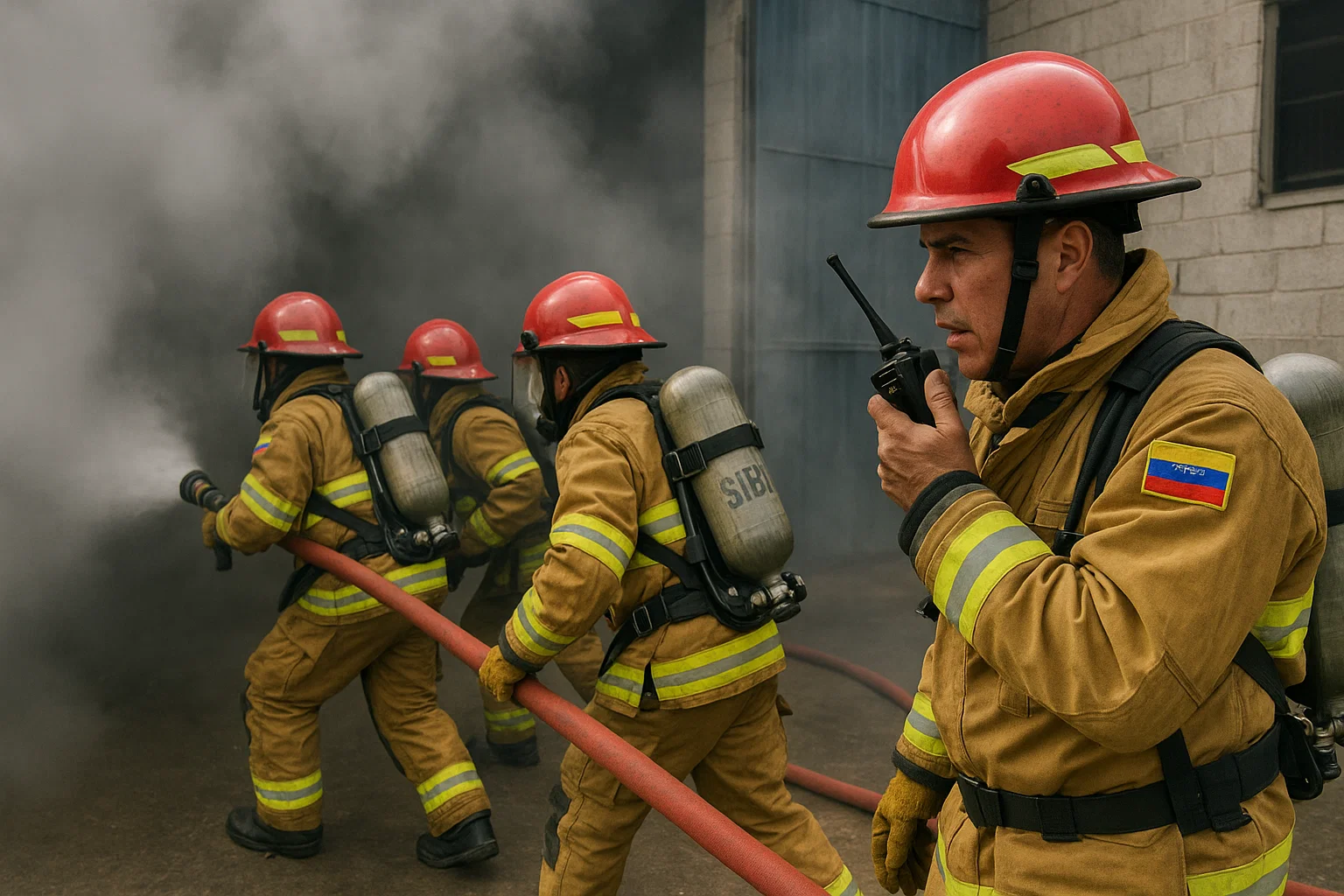 Venezuelan firefighters training with hose line under sector command 