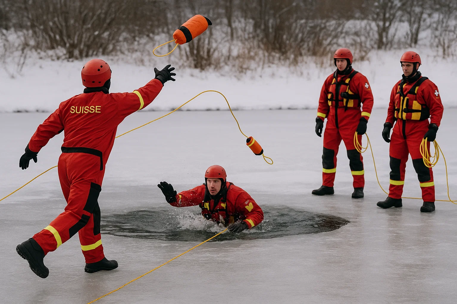 EMS trainees practicing throw-bag rescue techniques on frozen water